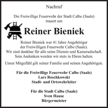 Traueranzeige von Reiner Bieniek  von Magdeburger Volksstimme