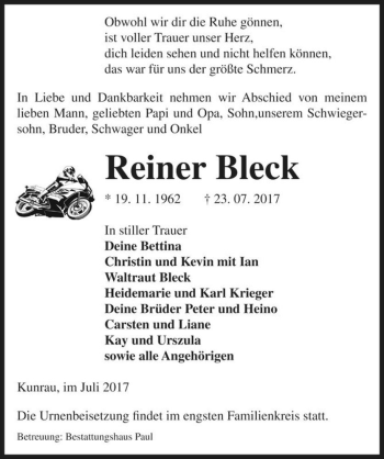 Traueranzeige von Reiner Bleck  von Magdeburger Volksstimme