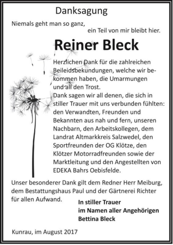 Traueranzeige von Reiner Bleck  von Magdeburger Volksstimme