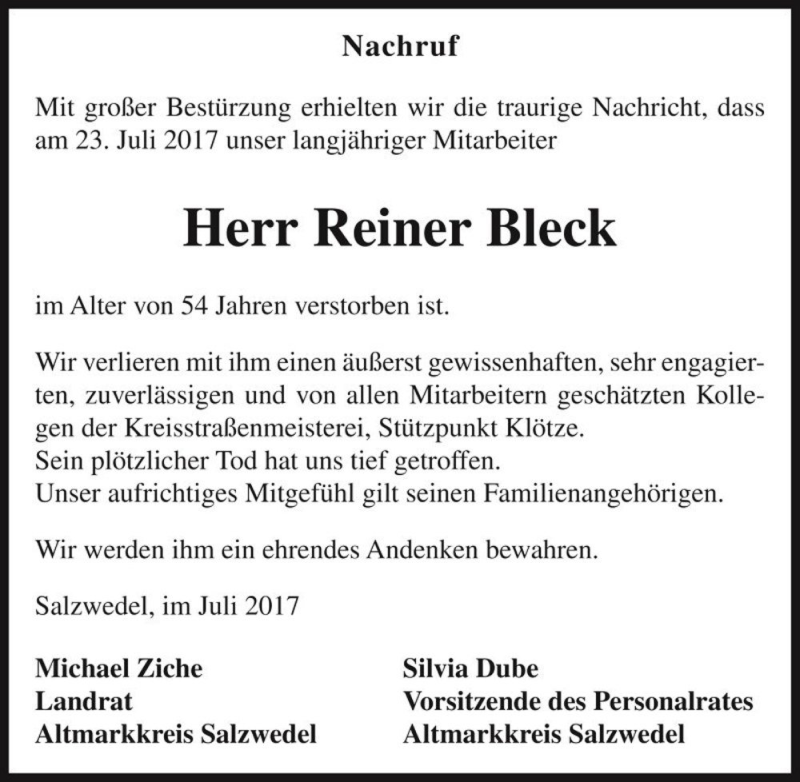 Traueranzeige für Reiner Bleck  vom 29.07.2017 aus Magdeburger Volksstimme