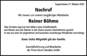 Traueranzeige von Reiner Böhme  von Magdeburger Volksstimme