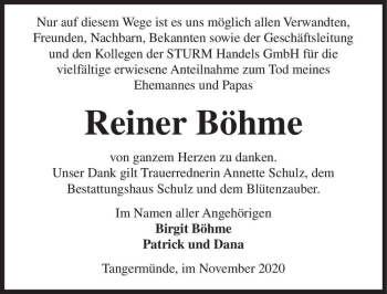 Traueranzeige von Reiner Böhme  von Magdeburger Volksstimme