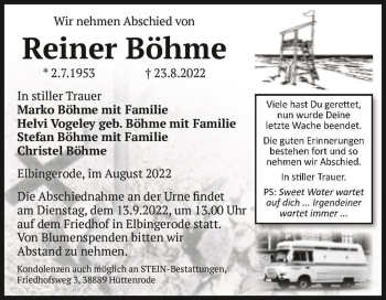 Traueranzeige von Reiner Böhme  von Magdeburger Volksstimme