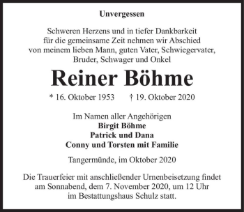 Traueranzeige von Reiner Böhme  von Magdeburger Volksstimme