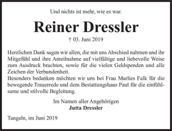 Traueranzeige von Reiner Dressler  von Magdeburger Volksstimme