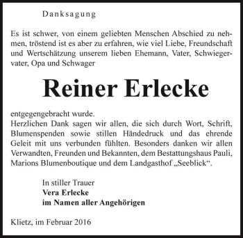 Traueranzeige von Reiner Erlecke  von Magdeburger Volksstimme