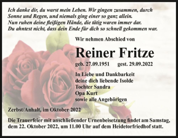 Traueranzeige von Reiner Fritze  von Magdeburger Volksstimme