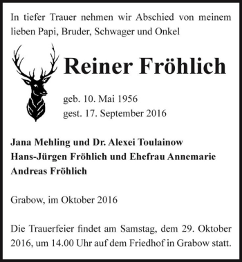 Traueranzeige von Reiner Fröhlich  von Magdeburger Volksstimme
