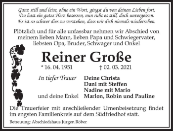 Traueranzeige von Reiner Große  von Magdeburger Volksstimme