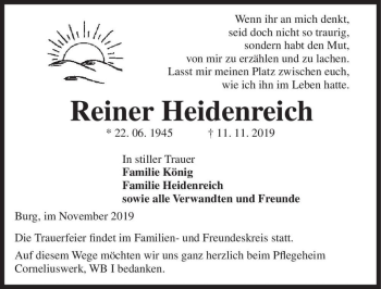 Traueranzeige von Reiner Heidenreich  von Magdeburger Volksstimme