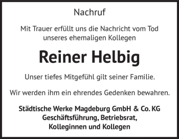 Traueranzeige von Reiner Helbig  von Magdeburger Volksstimme