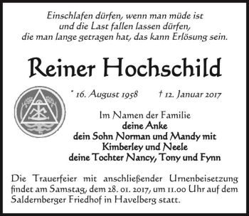 Traueranzeige von Reiner Hochschild  von Magdeburger Volksstimme