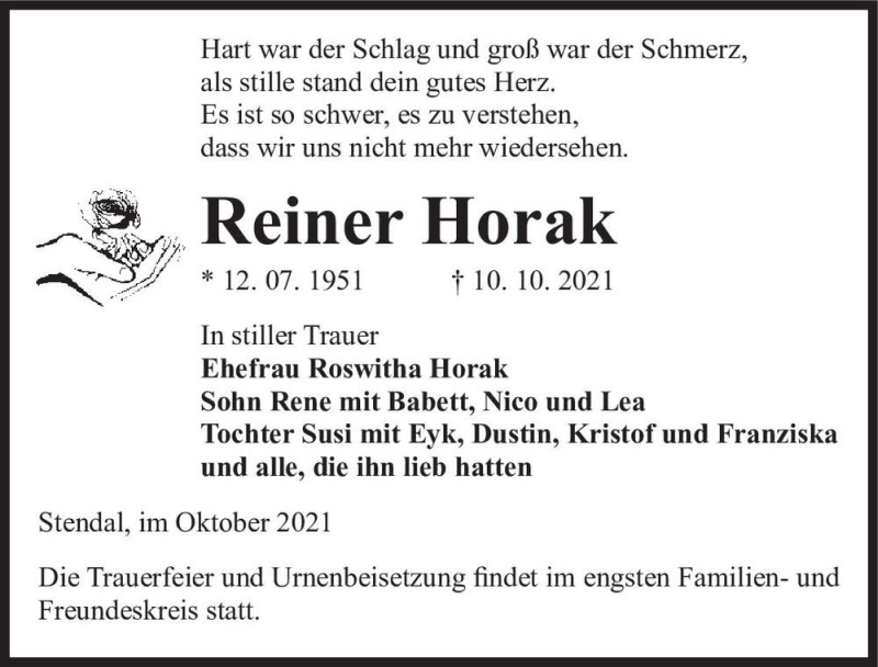  Traueranzeige für Reiner Horak  vom 16.10.2021 aus Magdeburger Volksstimme