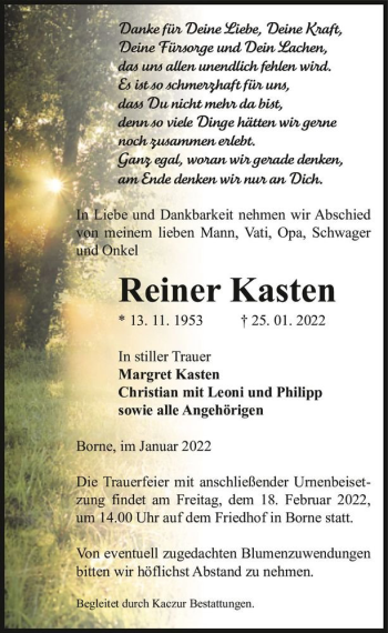 Traueranzeige von Reiner Kasten  von Magdeburger Volksstimme