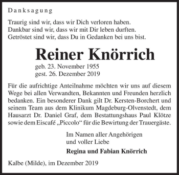 Traueranzeige von Reiner Knörrich  von Magdeburger Volksstimme
