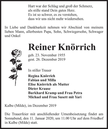 Traueranzeige von Reiner Knörrich  von Magdeburger Volksstimme