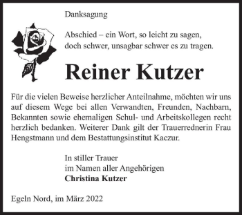 Traueranzeige von Reiner Kutzer  von Magdeburger Volksstimme