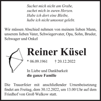 Traueranzeige von Reiner Küsel  von Magdeburger Volksstimme