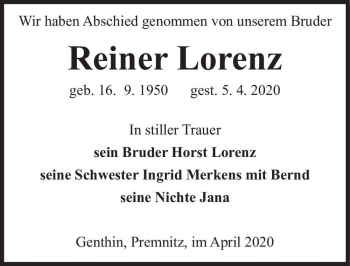 Traueranzeige von Reiner Lorenz  von Magdeburger Volksstimme