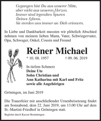 Traueranzeige von Reiner Michael  von Magdeburger Volksstimme
