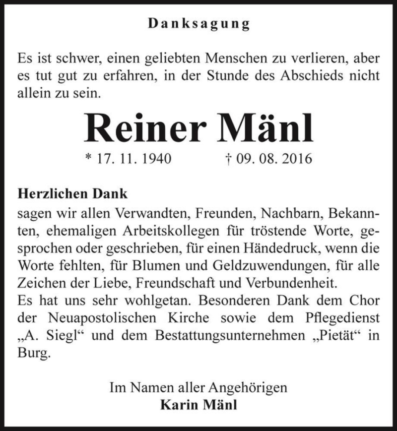  Traueranzeige für Reiner Mänl  vom 17.09.2016 aus Magdeburger Volksstimme