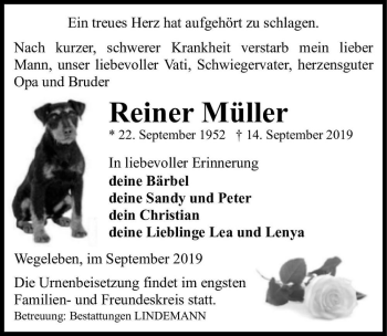 Traueranzeige von Reiner Müller  von Magdeburger Volksstimme