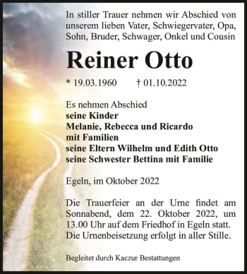 Traueranzeige von Reiner Otto  von Magdeburger Volksstimme