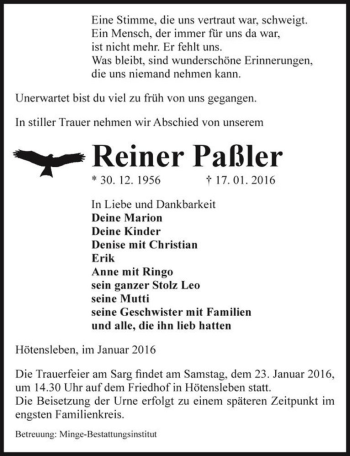 Traueranzeige von Reiner Paßler  von Magdeburger Volksstimme