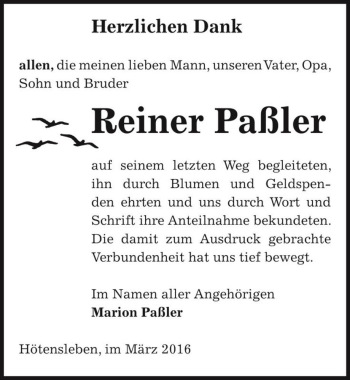 Traueranzeige von Reiner Paßler  von Magdeburger Volksstimme