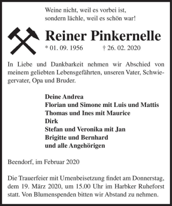 Traueranzeige von Reiner Pinkernelle  von Magdeburger Volksstimme
