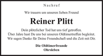 Traueranzeige von Reiner Plitt  von Magdeburger Volksstimme
