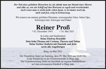 Traueranzeige von Reiner Proß  von Magdeburger Volksstimme