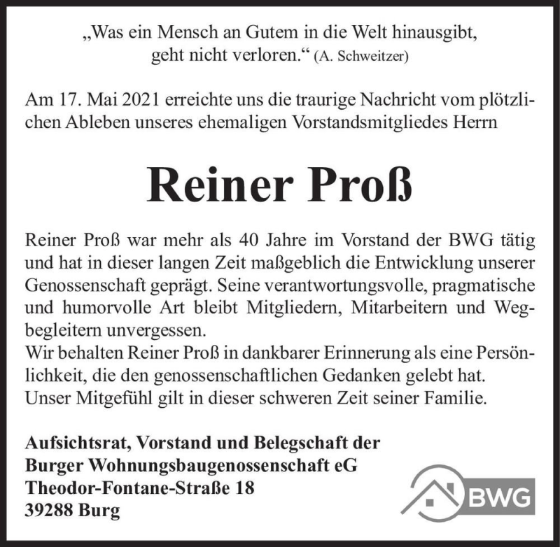  Traueranzeige für Reiner Proß  vom 29.05.2021 aus Magdeburger Volksstimme