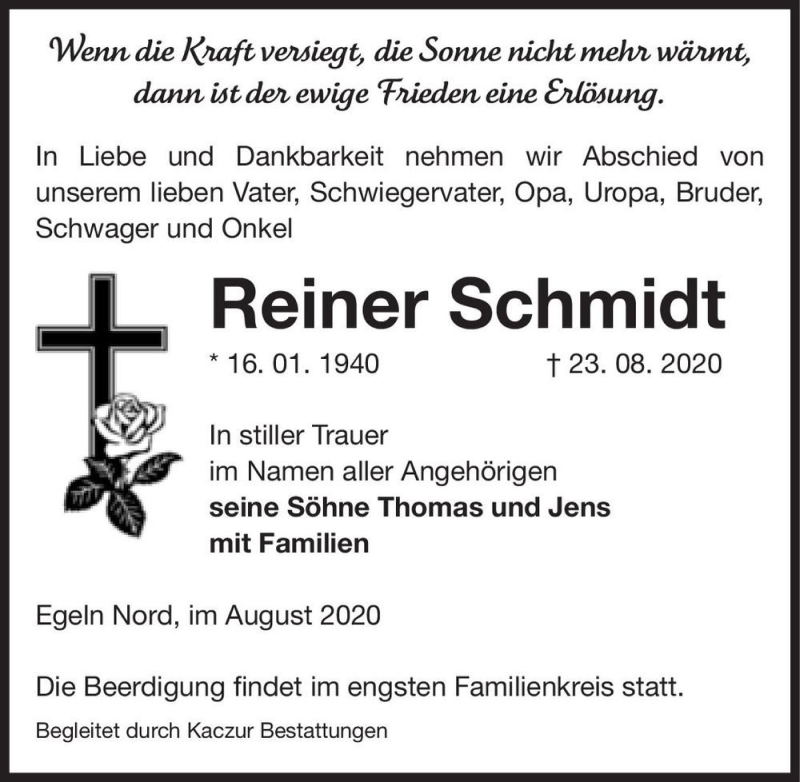  Traueranzeige für Reiner Schmidt  vom 28.08.2020 aus Magdeburger Volksstimme