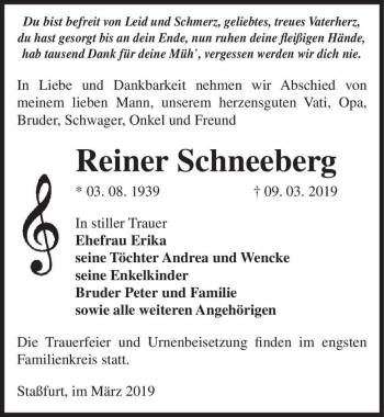 Traueranzeige von Reiner Schneeberg  von Magdeburger Volksstimme