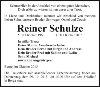 Traueranzeige von Reiner Schulze  von Magdeburger Volksstimme