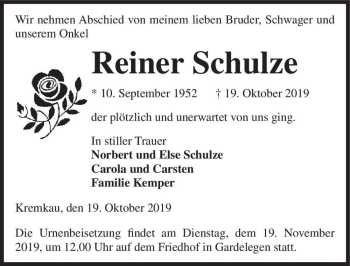 Traueranzeige von Reiner Schulze  von Magdeburger Volksstimme