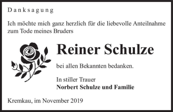 Traueranzeige von Reiner Schulze  von Magdeburger Volksstimme