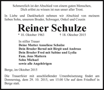 Traueranzeige von Reiner Schulze  von Magdeburger Volksstimme