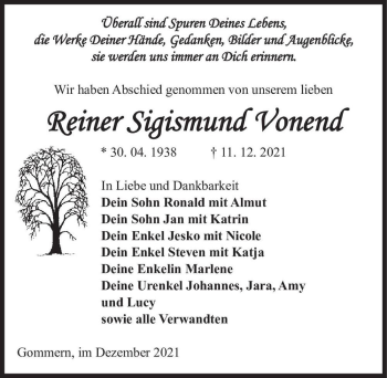 Traueranzeige von Reiner Sigismund Vonend  von Magdeburger Volksstimme