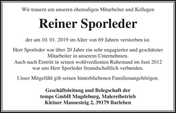 Traueranzeige von Reiner Sporleder  von Magdeburger Volksstimme