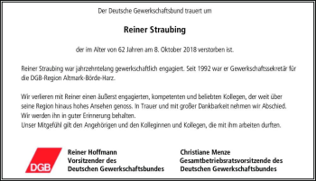 Traueranzeige von Reiner Straubing  von Magdeburger Volksstimme