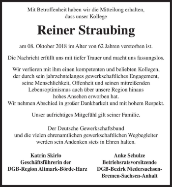 Traueranzeige von Reiner Straubing  von Magdeburger Volksstimme