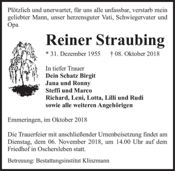 Traueranzeige von Reiner Straubing  von Magdeburger Volksstimme