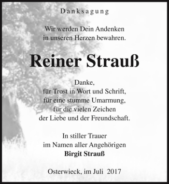 Traueranzeige von Reiner Strauß  von Magdeburger Volksstimme