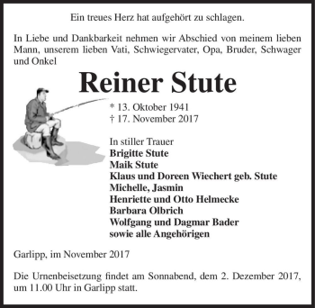 Traueranzeige von Reiner Stute  von Magdeburger Volksstimme