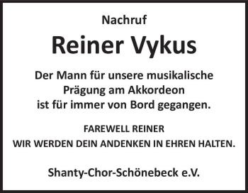 Traueranzeige von Reiner Vykus  von Magdeburger Volksstimme