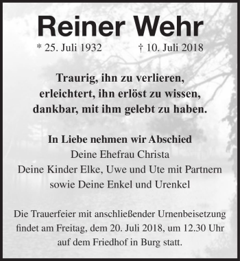 Traueranzeige von Reiner Wehr  von Magdeburger Volksstimme