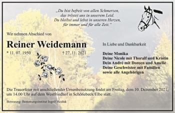 Traueranzeige von Reiner Weidemann  von Magdeburger Volksstimme