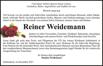 Traueranzeige von Reiner Weidemann  von Magdeburger Volksstimme